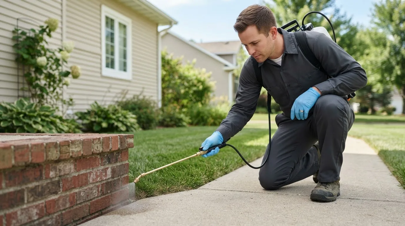 Pest control technician treating a home near Maple, TX